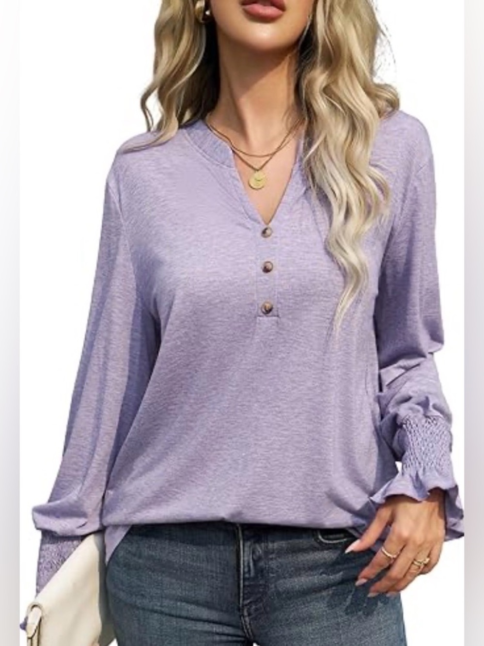 Lavender V-Neck Henley Top with Smocked Cuffs